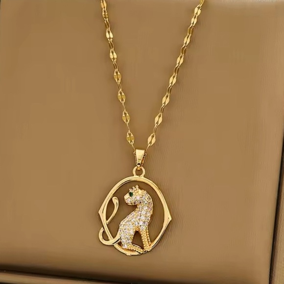 Moon Goddess Emporium Jewelry - 18K Gold Panther Diamond & Emerald Inlay Leopard Pendant Necklace No Fade